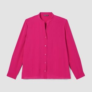Eileen Fisher Silk Georgette Crepe Shirred-Back Shirt, Azalea, M, NWT